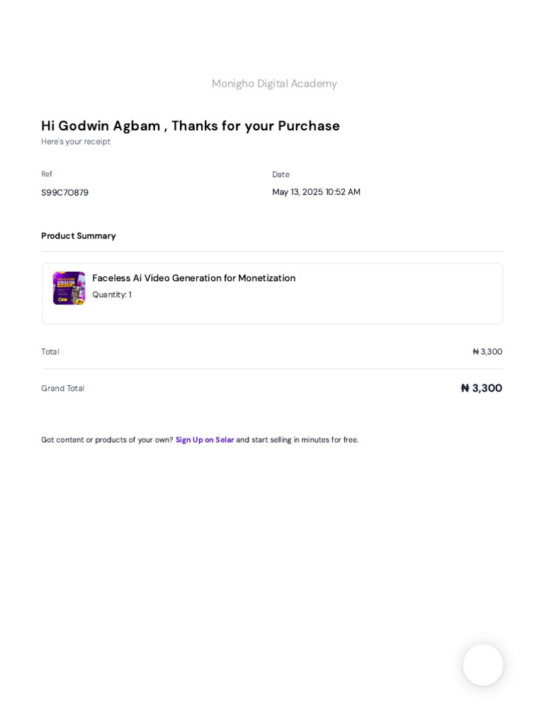 Monigho Digital Academy Purchase Receipt On Selar | PDF