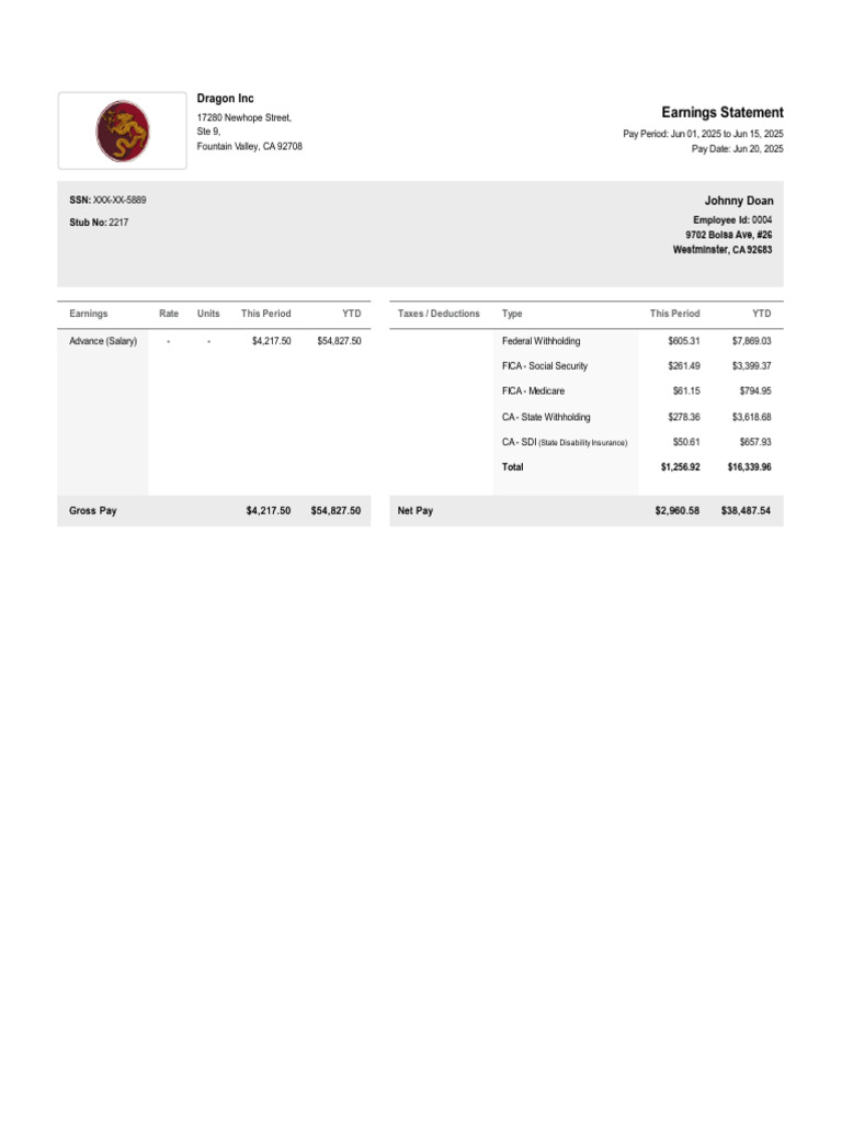 Dragon Inc Earnings Statement Summary | PDF
