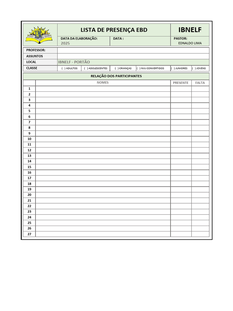 Lista de Presença EBD Infantil | PDF