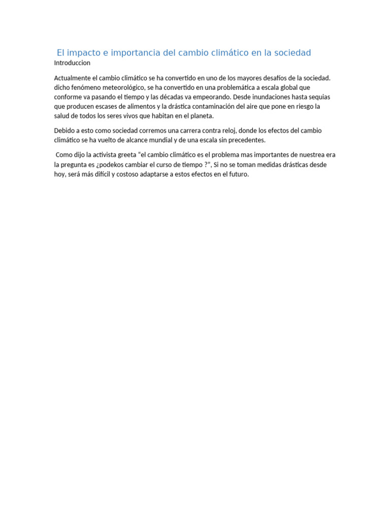 El Impacto e Importancia Del Cambio Climático en La Sociedad | PDF ...