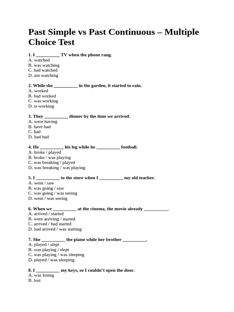 Past Simple vs Continuous Test | PDF | Chess Theory | Chess