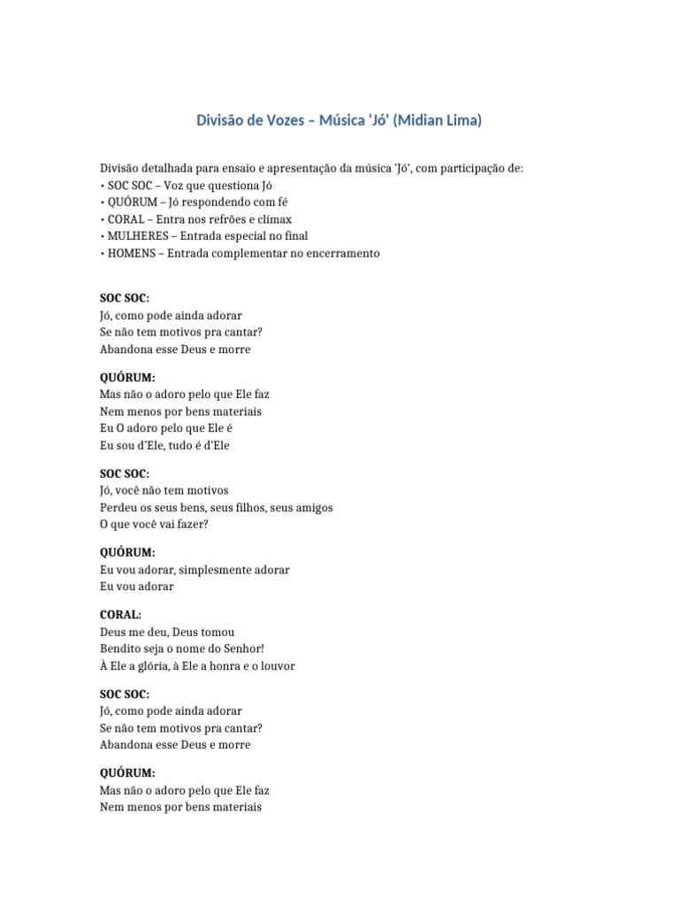 Divisão de Vozes da Música 'Jó' | PDF