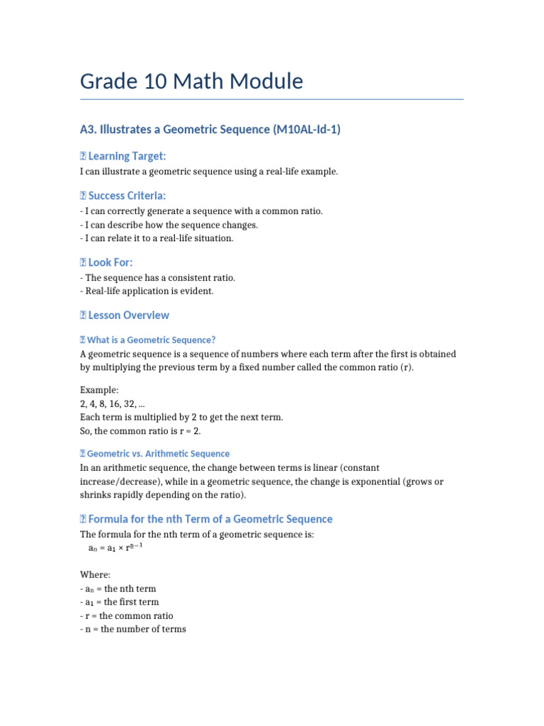 Geometric Sequence Module M10AL-Id-1 | PDF | Arithmetic | Mathematical ...