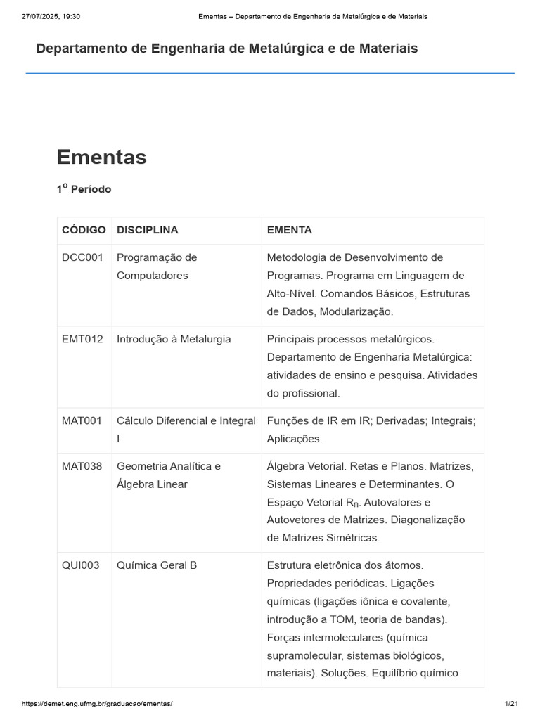 Ementas - Departamento de Engenharia de Metalúrgica e de Materiais ...
