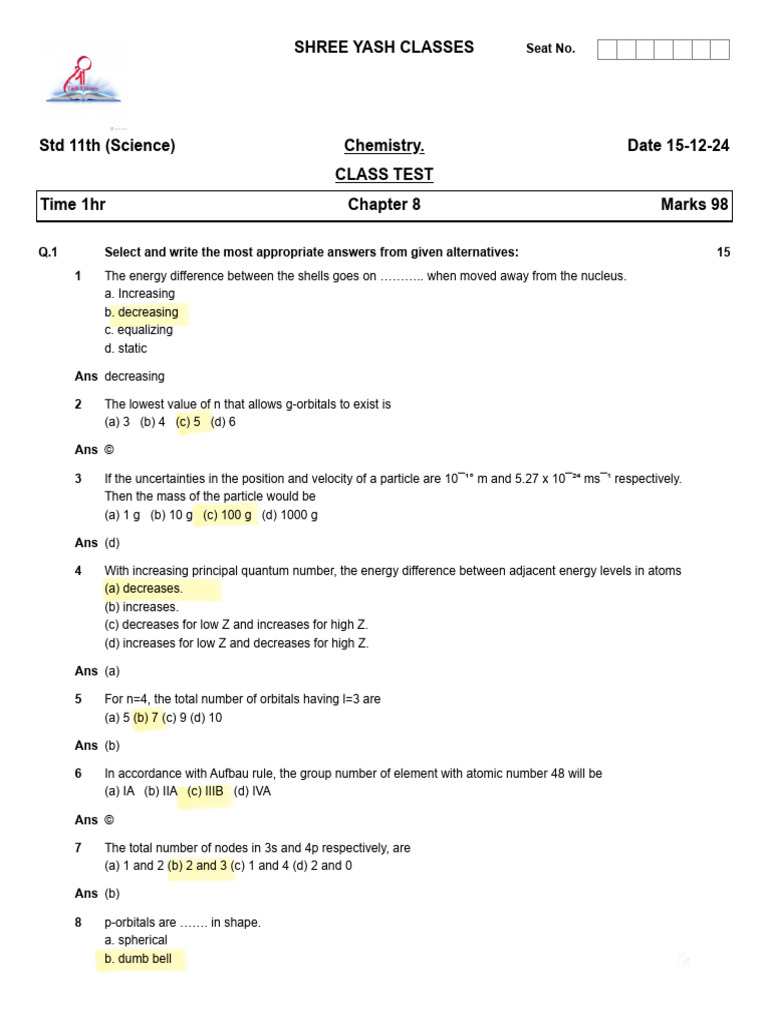 Chemistry Class Test: Atomic Structure | PDF | Atomic Orbital ...