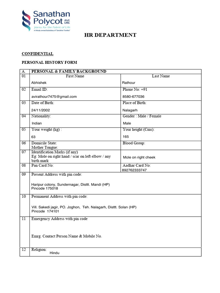 Confidential Personal History Form | PDF | Personal Identification ...