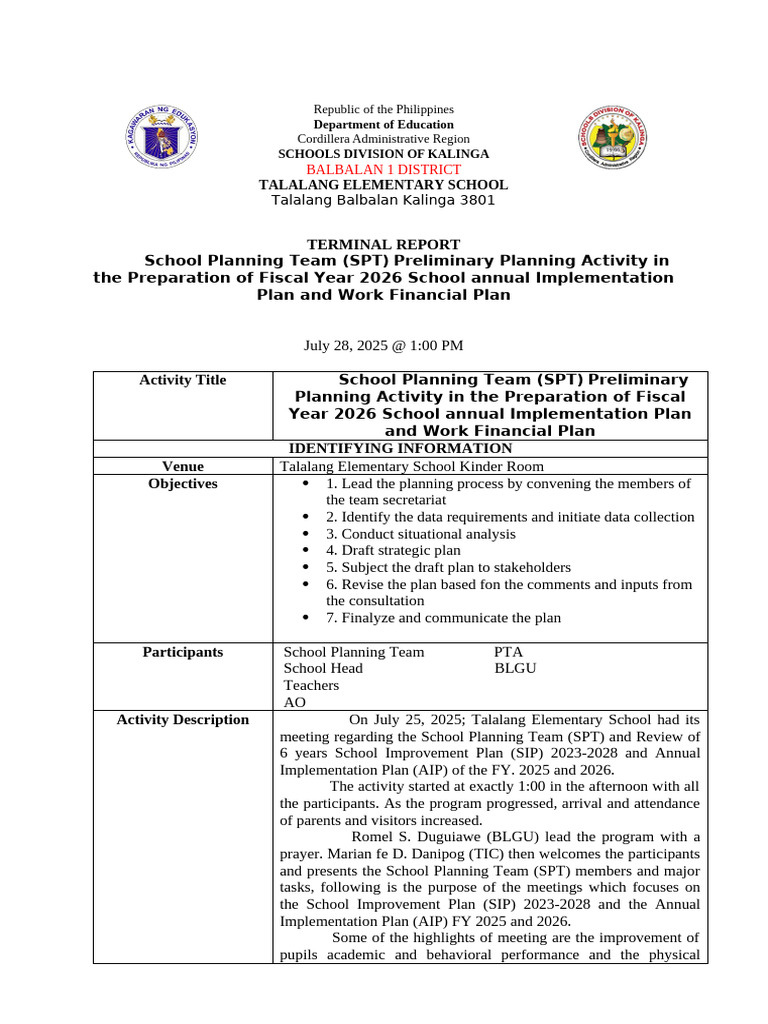 Kalinga School Planning Meeting Report | PDF | Learning