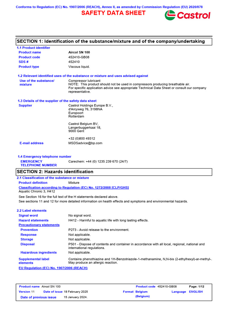 Aircol SN 100 MSDS Overview | PDF | Personal Protective Equipment ...