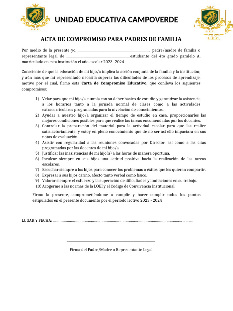 Acta de Compromiso para Padres de Familia | PDF