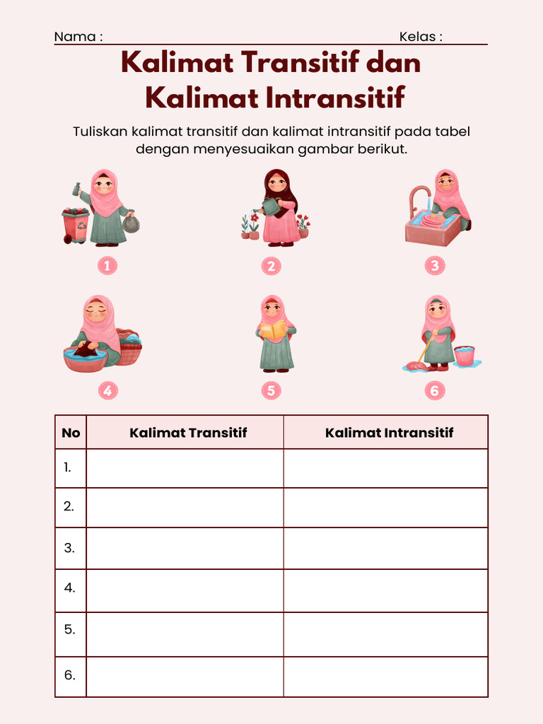 Kalimat Transitif dan Kalimat Intransitif Lembar Kerja Pink Ilustrasi | PDF