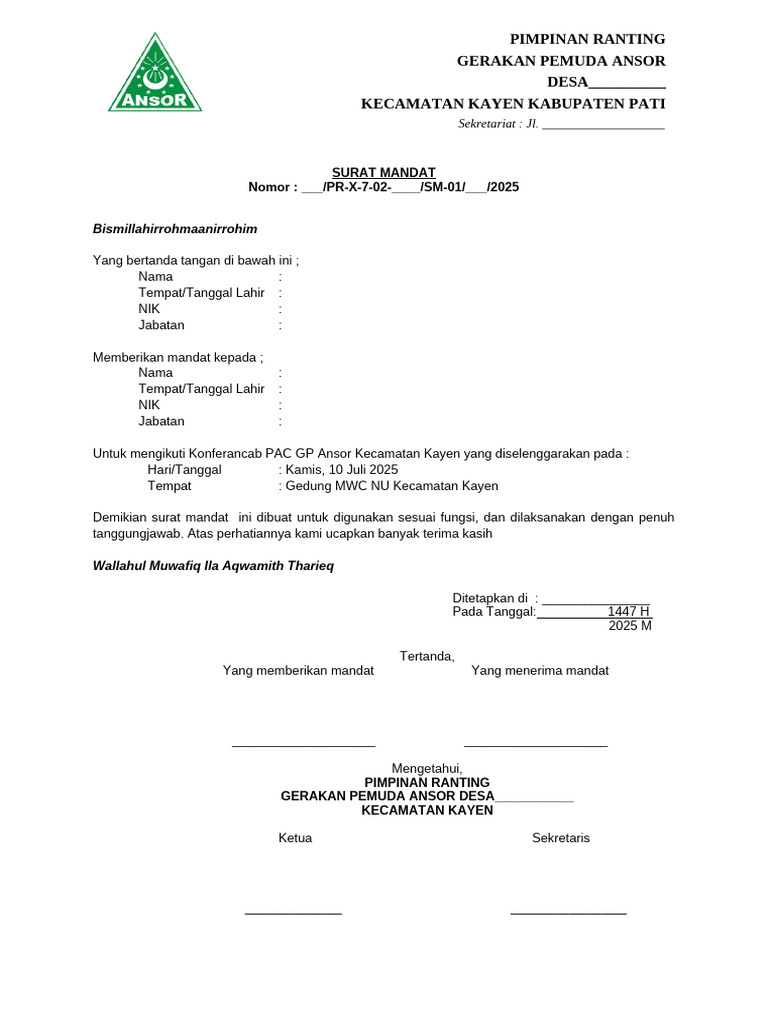 Contoh Surat Mandat Pimpinan Ranting | PDF