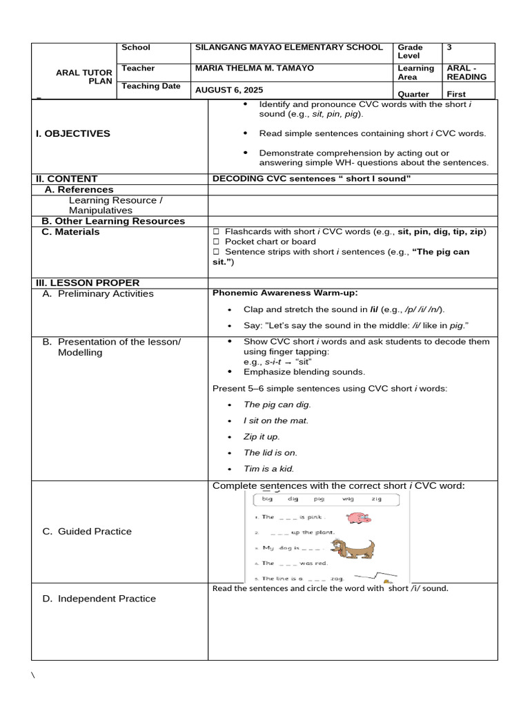 ARAL Reading Lesson Plan for Grade 3 | PDF | Psycholinguistics ...