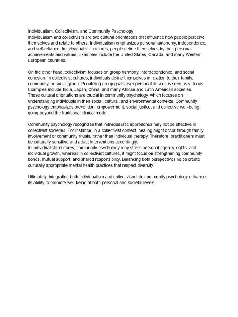 Individualism vs. Collectivism in Psychology | PDF