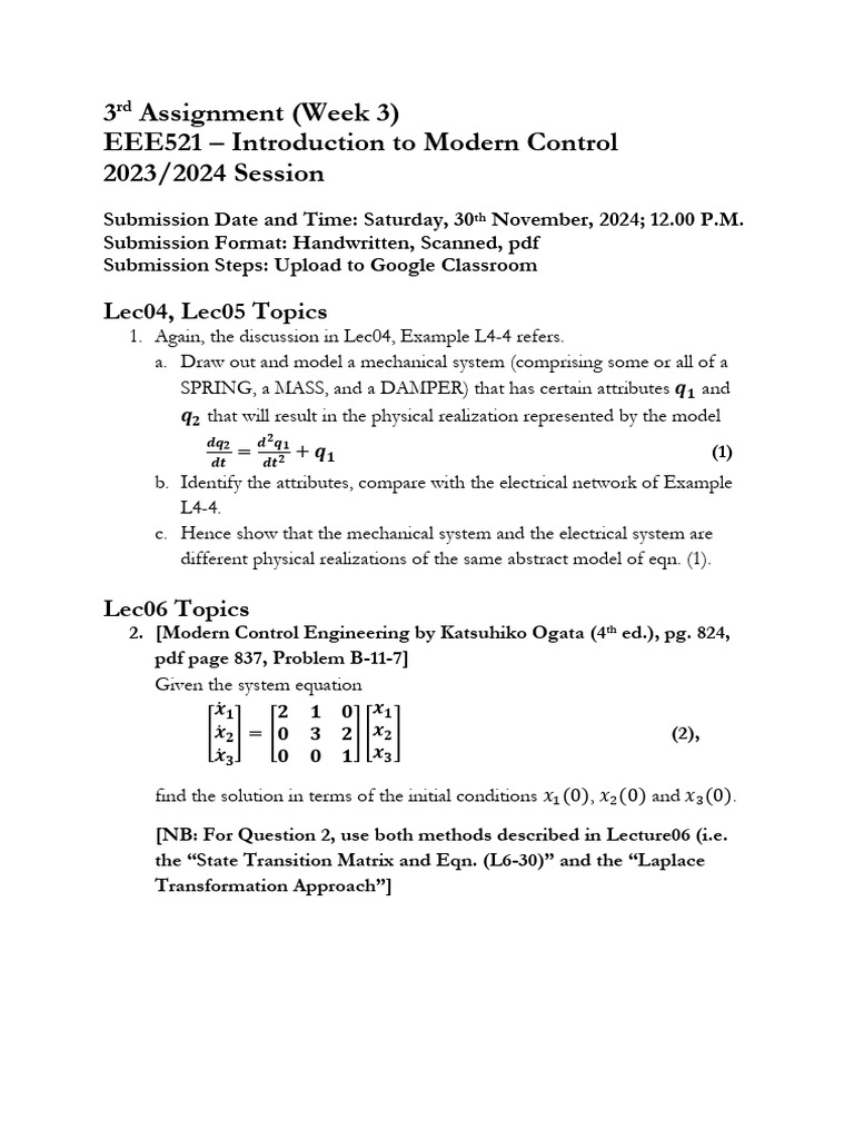Week 3 Assignment: Modern Control EEE521 | PDF