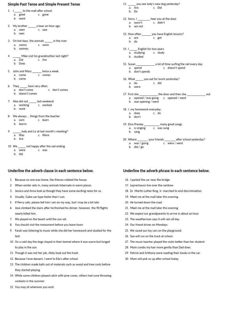Simple Past and Present Tense Exercises | PDF