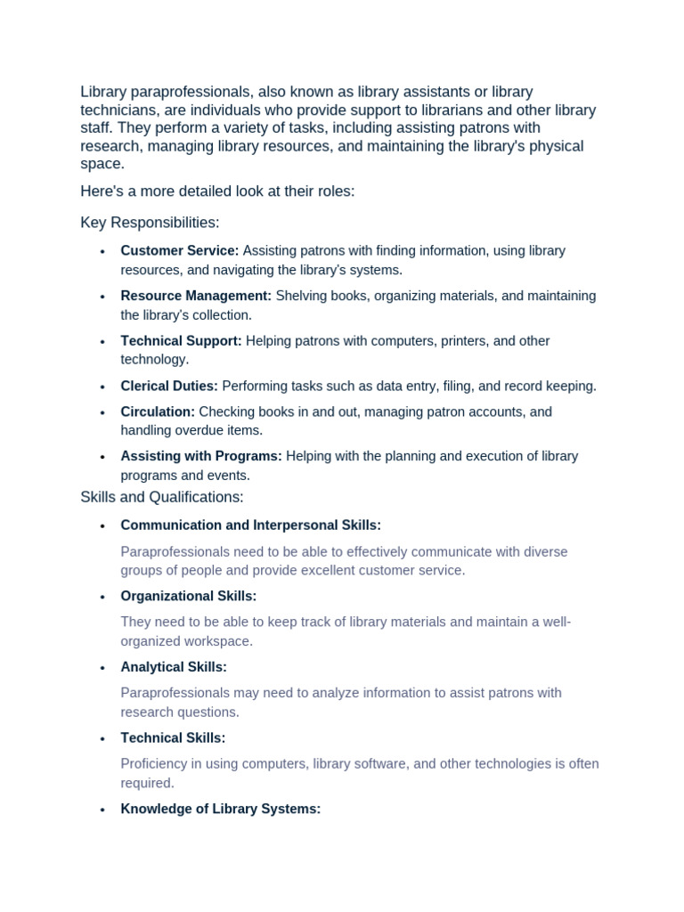 Roles and Skills of Library Paraprofessionals | PDF | Libraries ...
