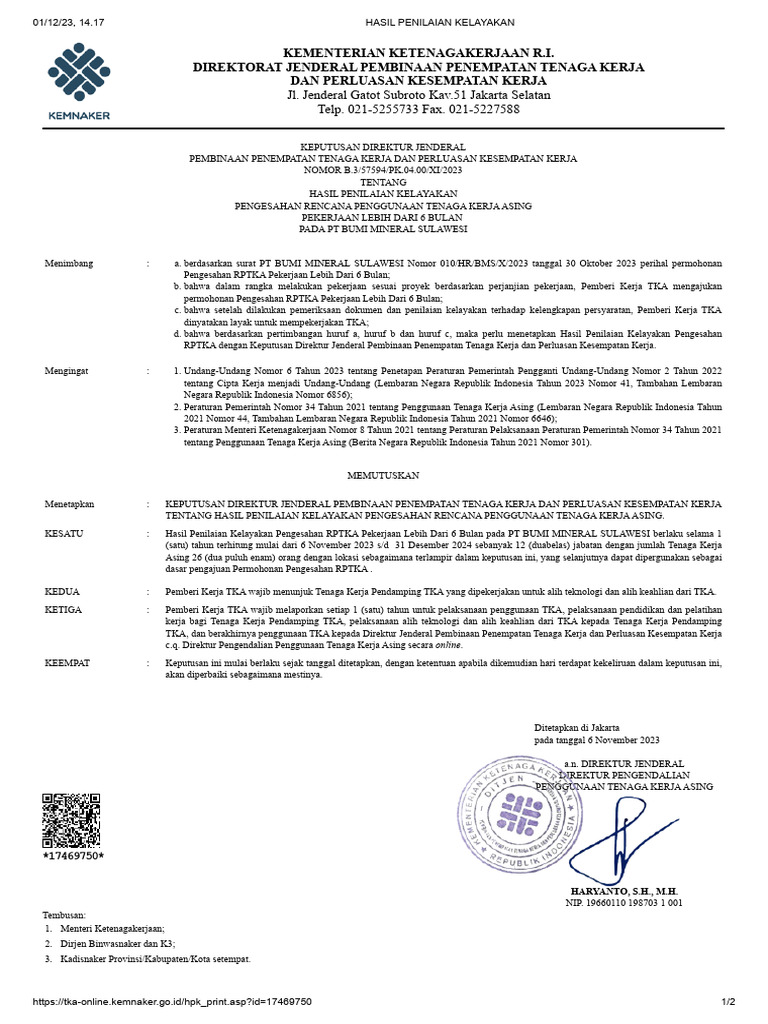 Pengesahan RPTKA PT Bumi Mineral | PDF