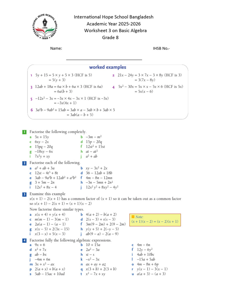 Gr8 - WS - Algebra - Part 3 (Factorising) (U) | PDF, image size:768x1024