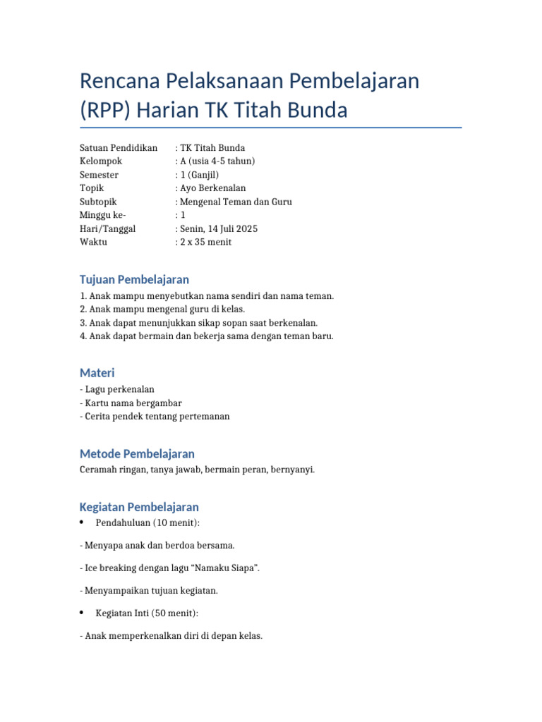 RPP Harian TK: Berkenalan untuk Anak | PDF