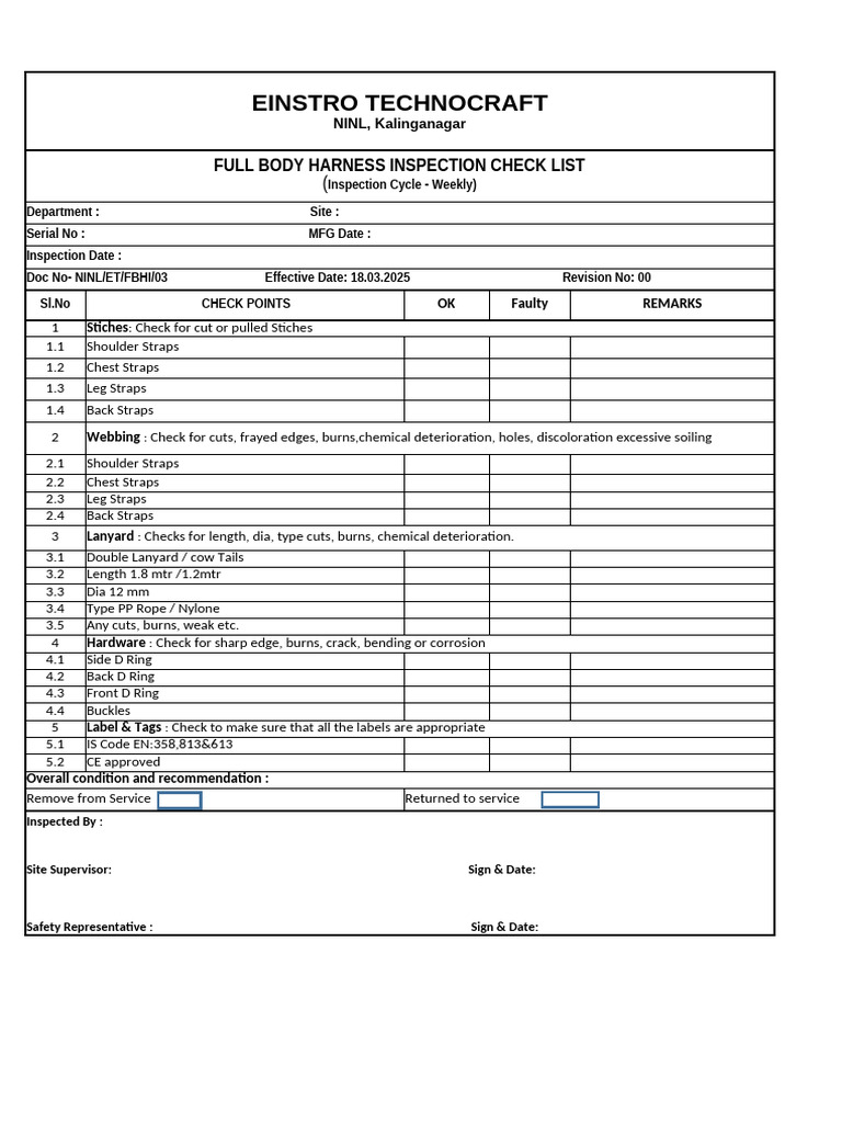 Full Body Harness Inspection Checklist | PDF