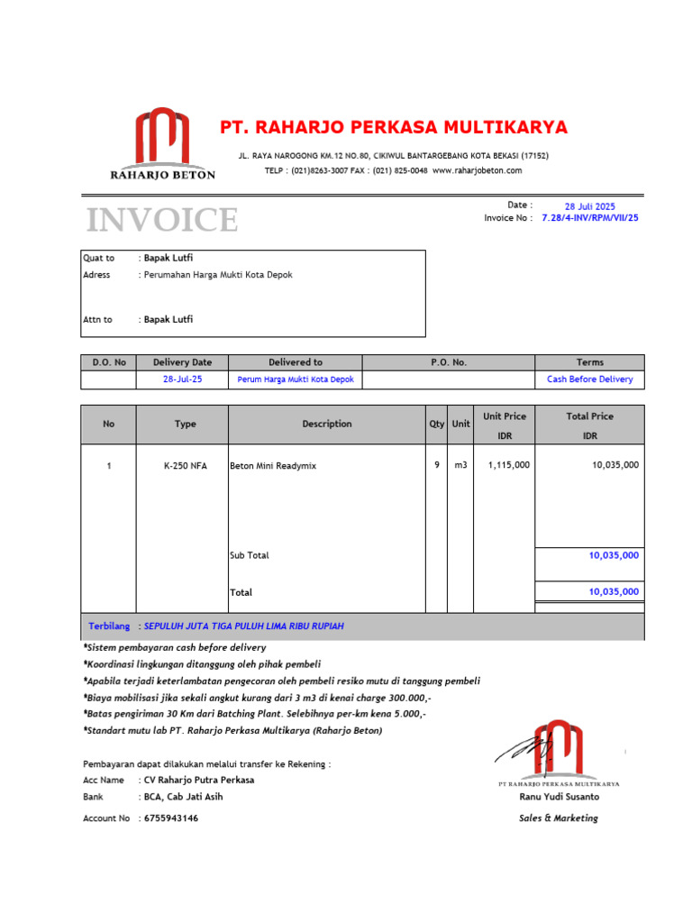 Invoice Beton Mini Readymix IDR 10 Juta | PDF