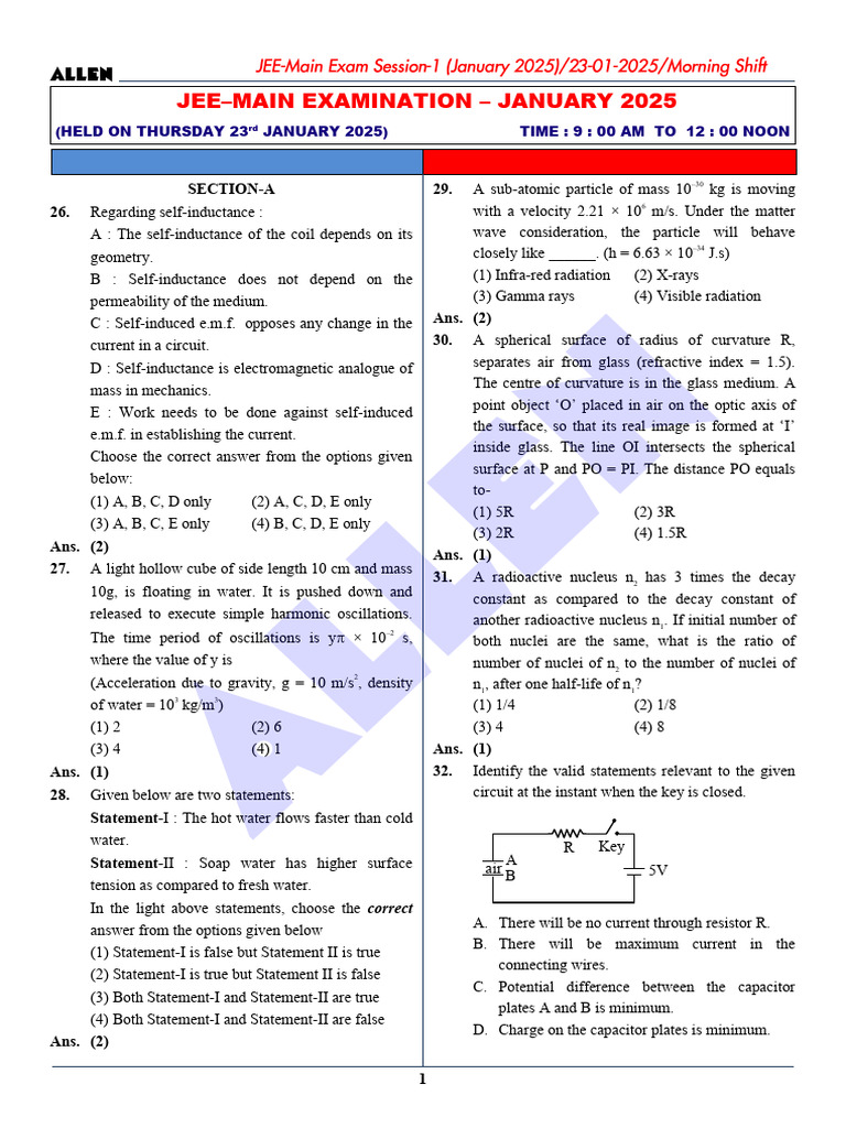 JEE Main Physics Test Paper January 2025 | PDF | Electromagnetic ...