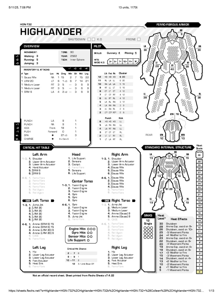 Highlander HGN-732 Mech Overview | PDF | Limbs (Anatomy)