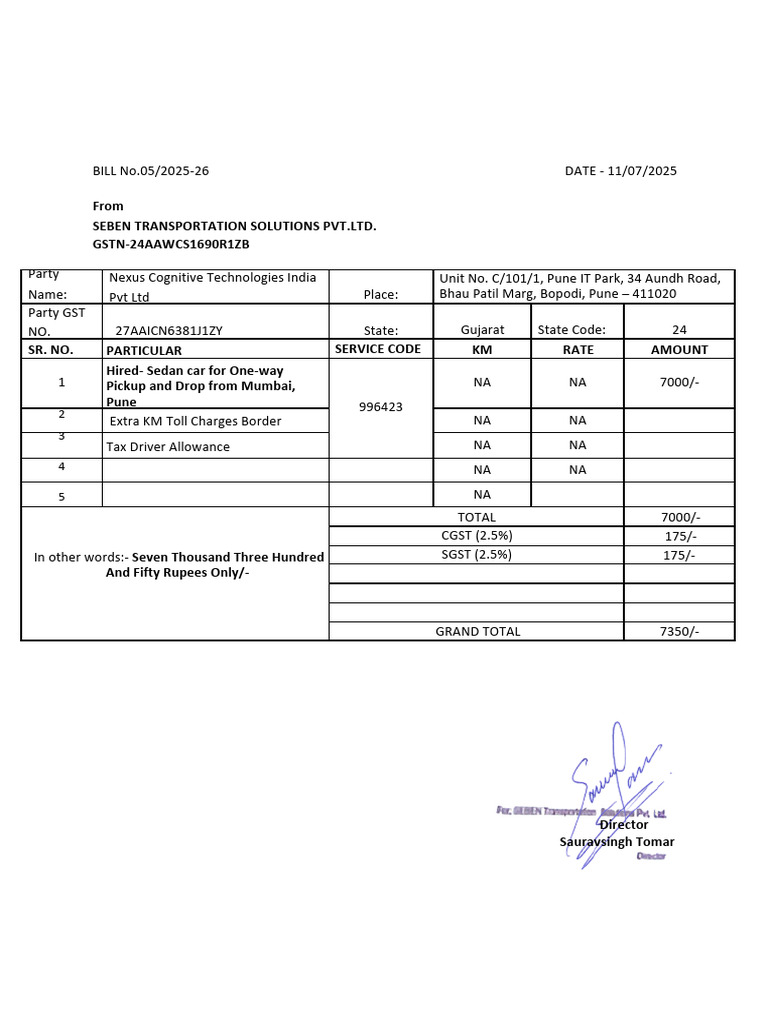 Invoice for One-way Car | PDF