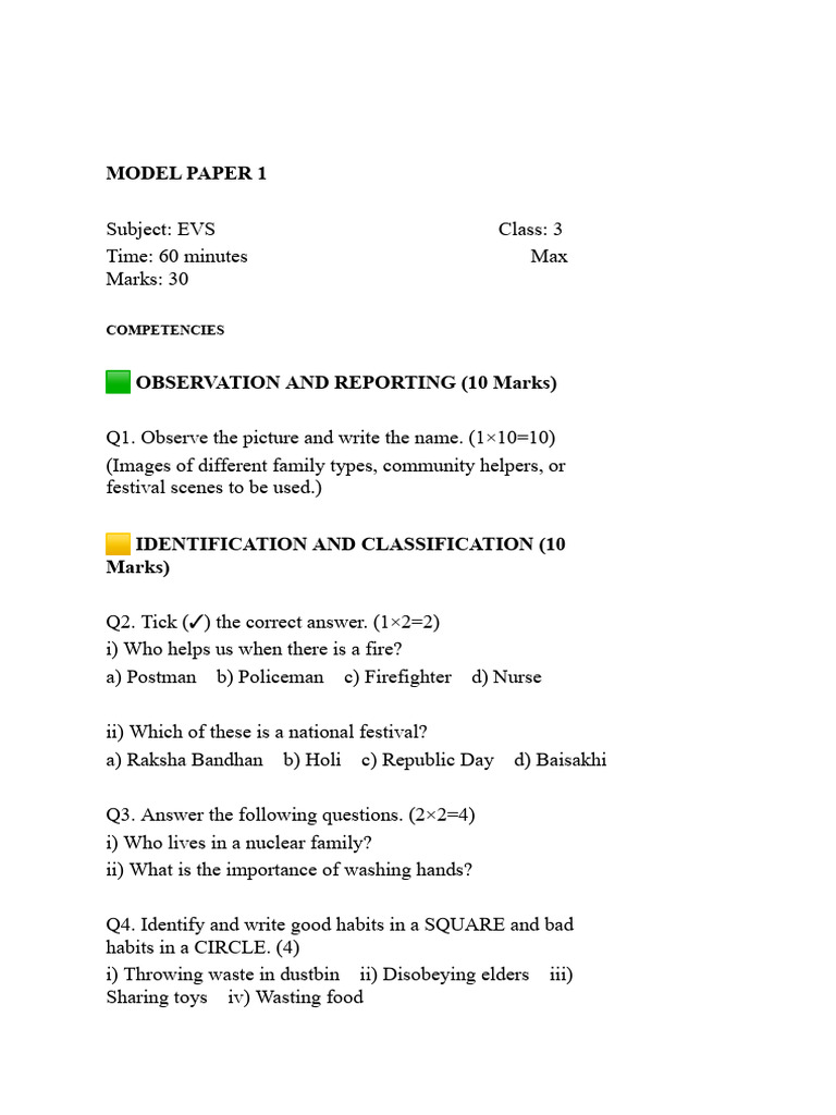 Class 3 EVS Model Paper Guide | PDF