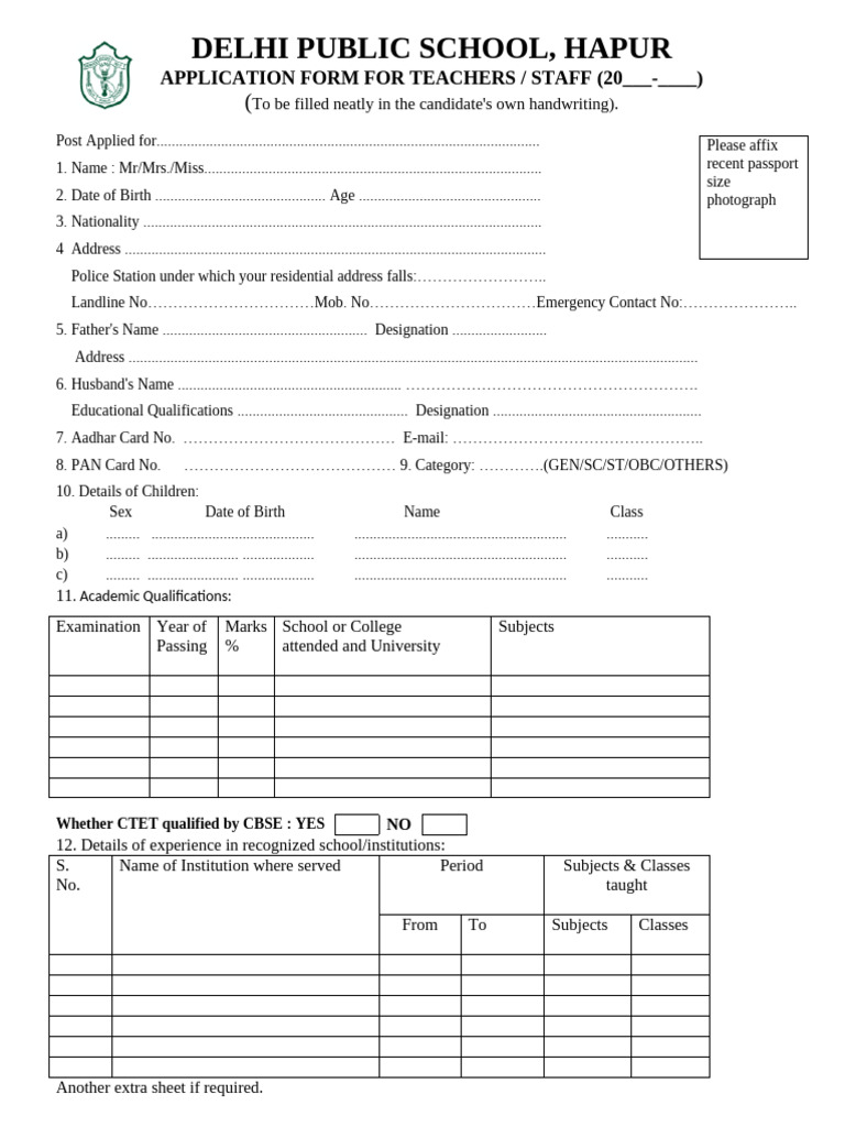 Teacher Application Form - Delhi Public School | PDF