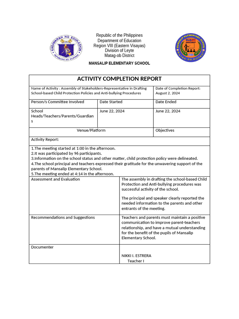 Mansalip Elementary School Activity Report | PDF