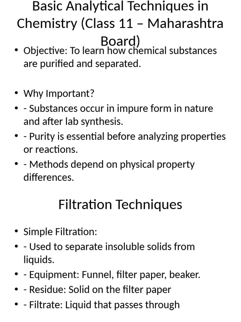 Basic Analytical Techniques Class11 | PDF | Chromatography | Filtration
