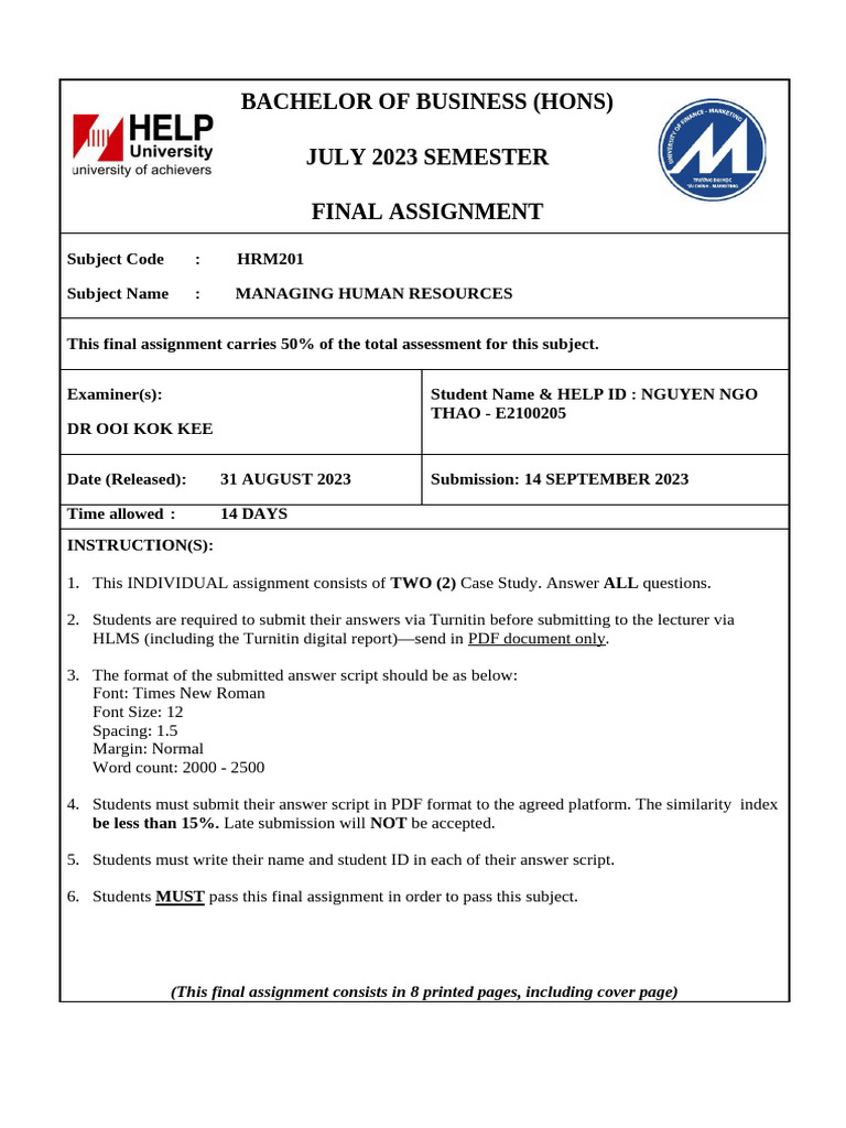 HRM201 - UFM JULY'23 - Final Assignment QP - REVISED (1) - Trang-1-3 | PDF