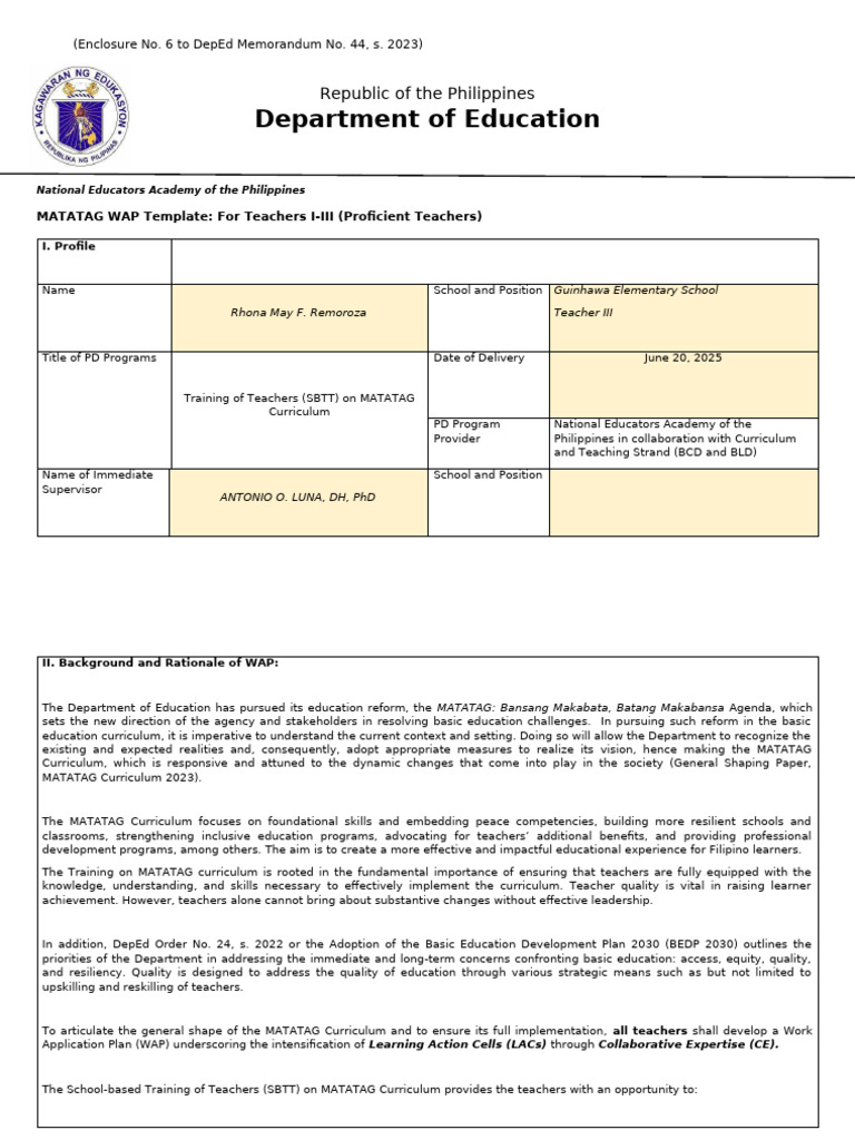 MATATAG WAP Template for Teachers | PDF | Educational Assessment | Learning