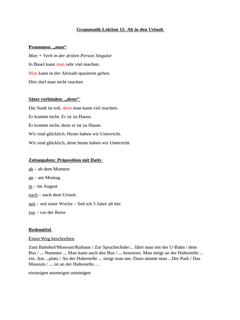 Grammatik A1 Lektion 12 | PDF