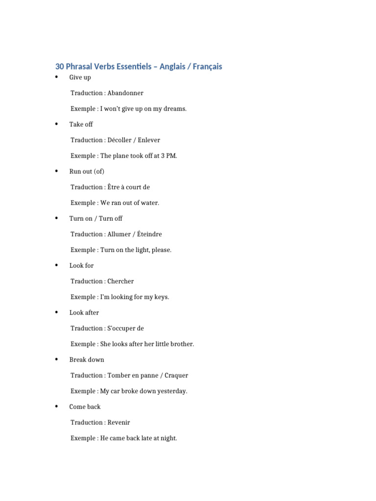 Liste de 30 Phrasal Verbs Essentiels | PDF