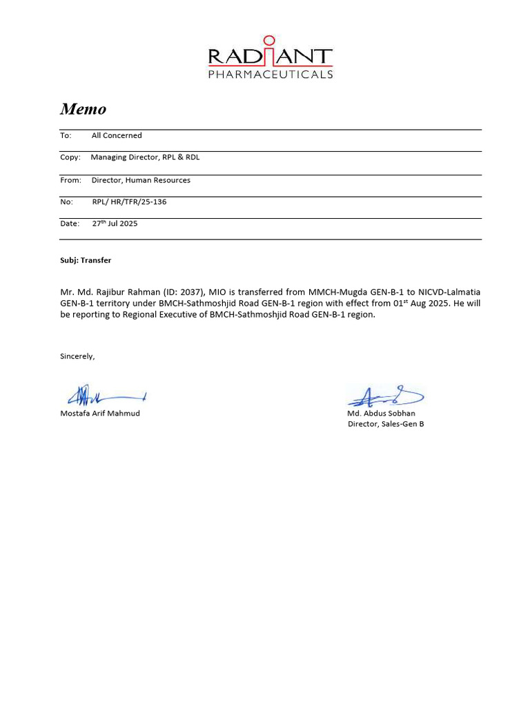 Transfer Memo 25 136 RPL (Sales - GEN B) | PDF