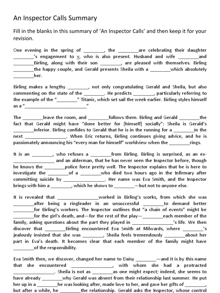 An Inspector Calls Summary FILL in The GAPS