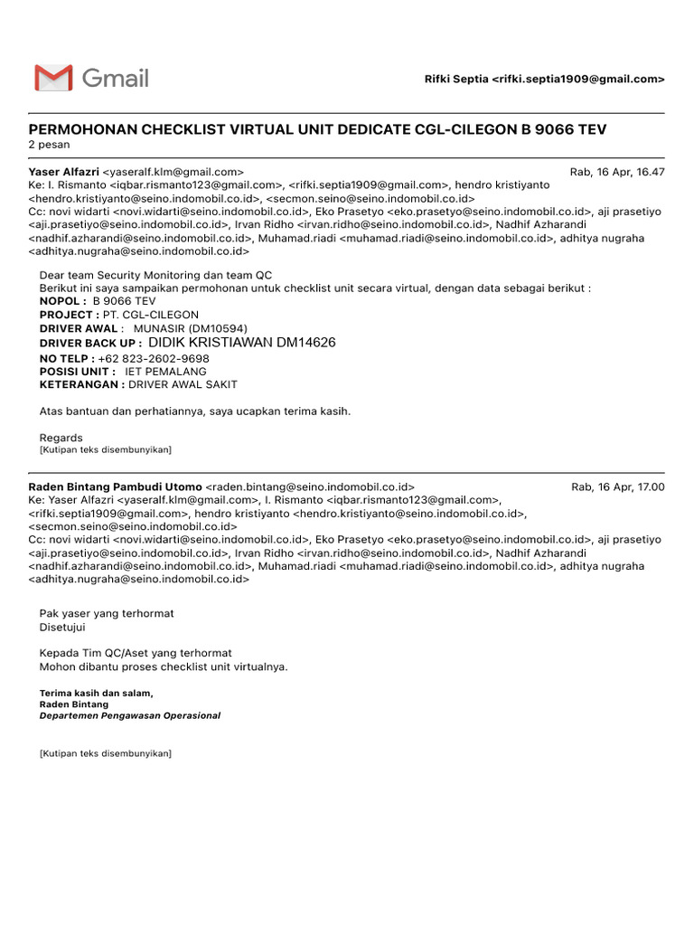 Permohonan Checklist Virtual Unit Dedicate Cgl-cilegon b 9066 Tev | PDF