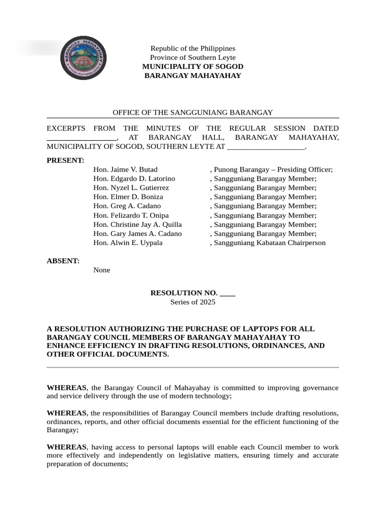Barangay Resolution for Laptop Purchase | PDF | Government