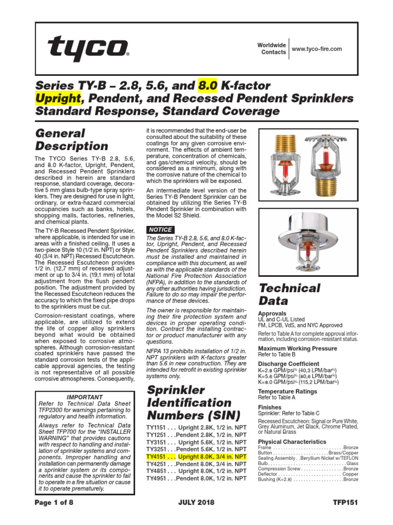 TY-B Sprinklers: K-Factor 2.8, 5.6, 8.0 | PDF | Fire Sprinkler System ...