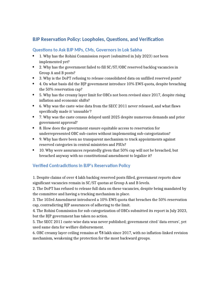 BJP Reservation Loopholes Questions Verification | PDF