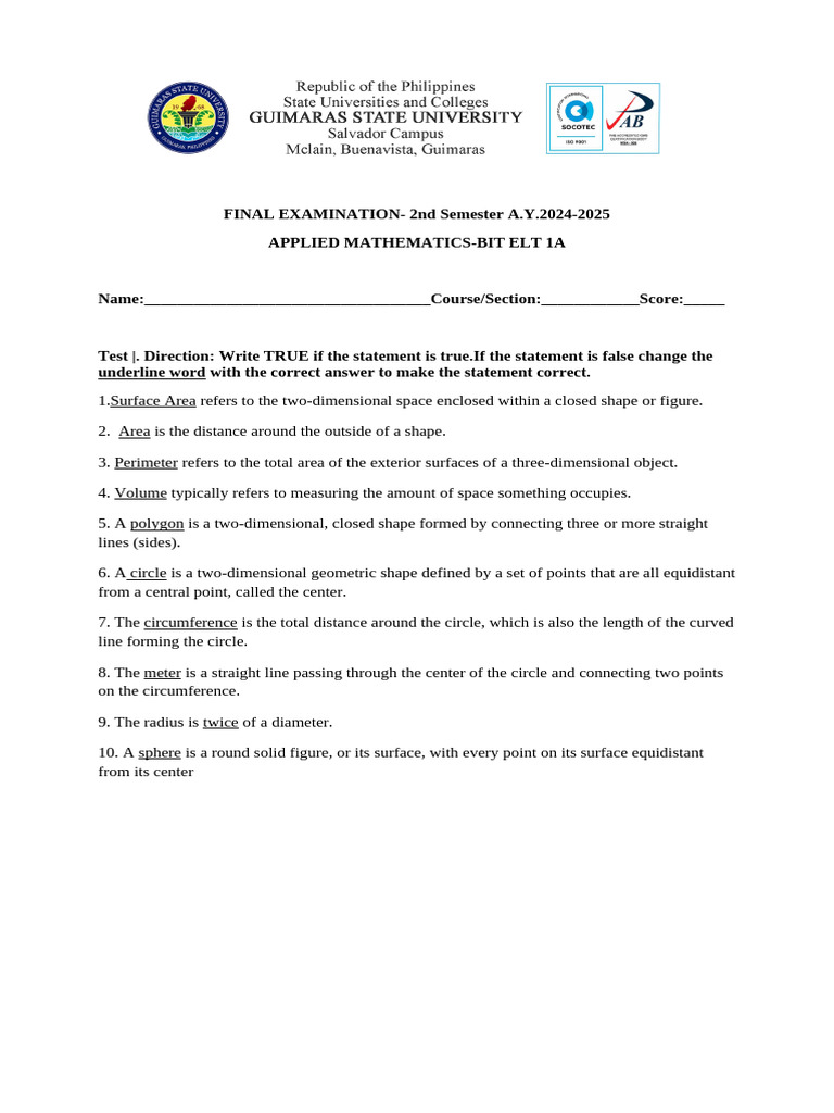 Applied Mathematics Final Exam 2024-2025 | PDF | Area | Circle