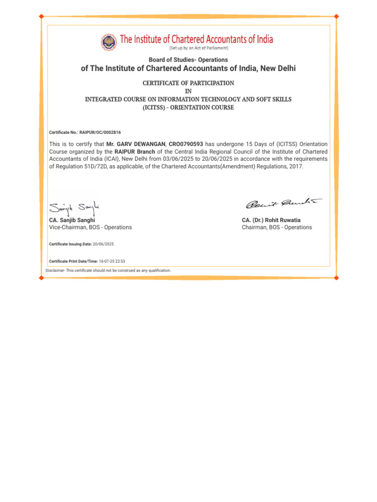 ICITSS Orientation Course Certificate | PDF