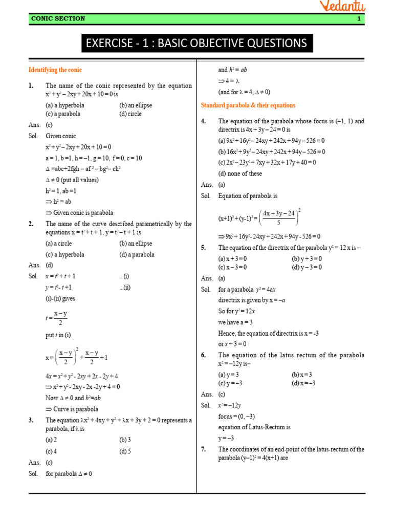 Exercise - 1: Basic Objective Questions: Identifying The Conic | PDF ...