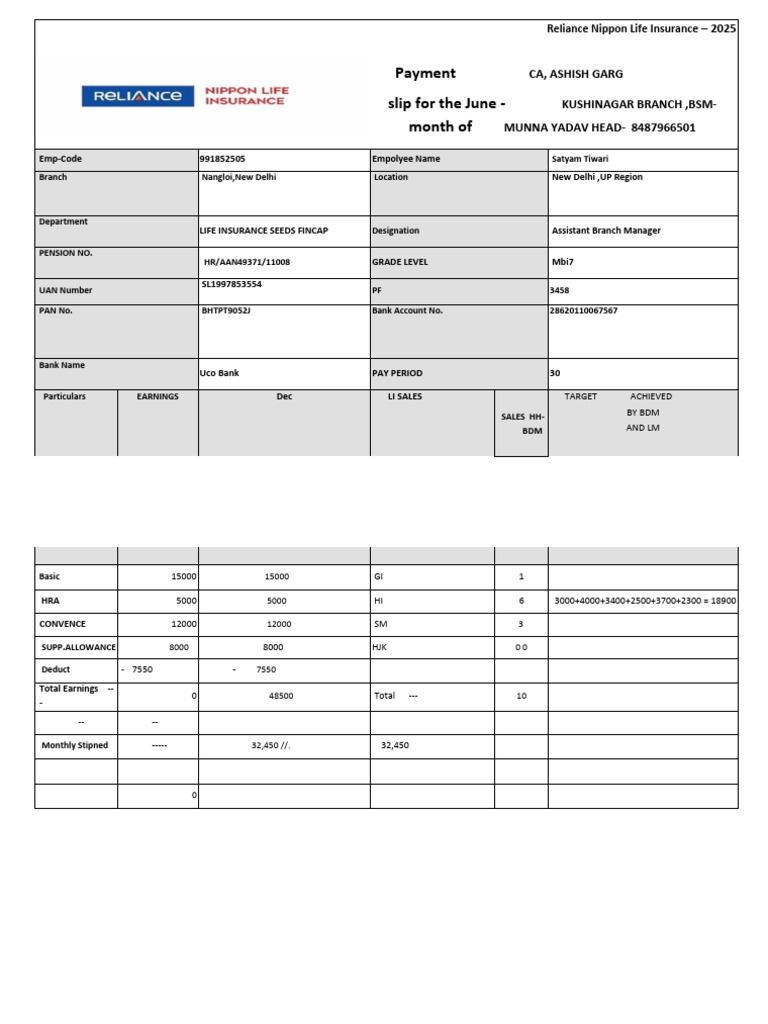 Reliance Nippon Life Insurance Pay Slip | PDF | Financial Services ...