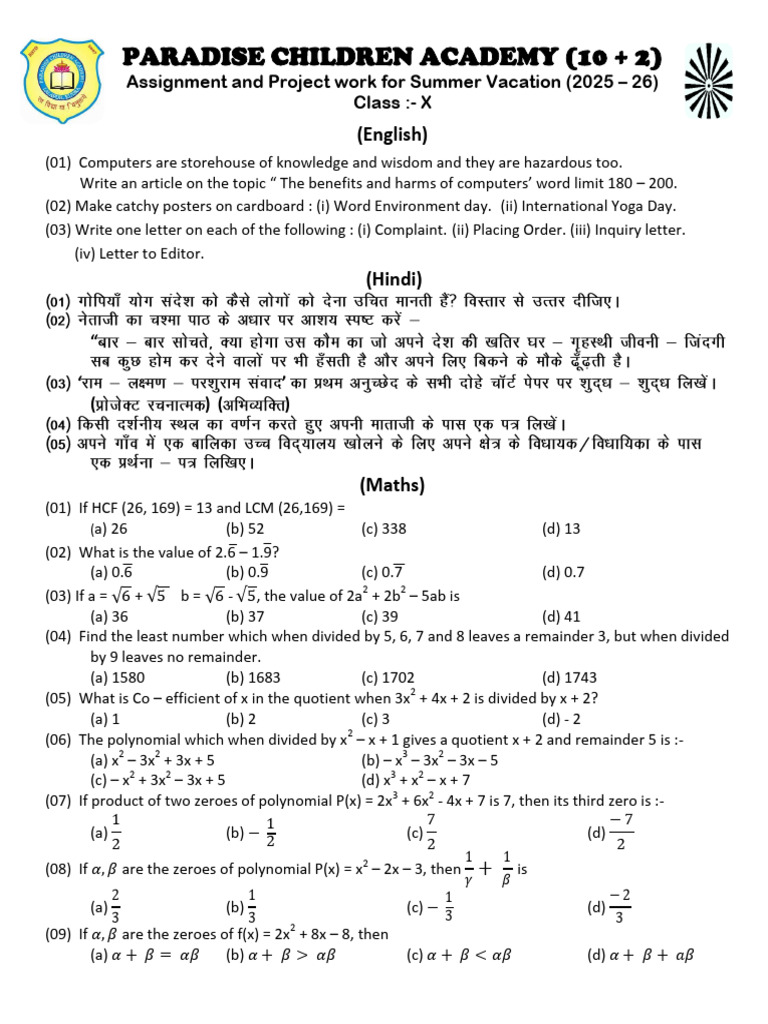 Summer Vacation Assignments for Class X | PDF | Number Theory ...