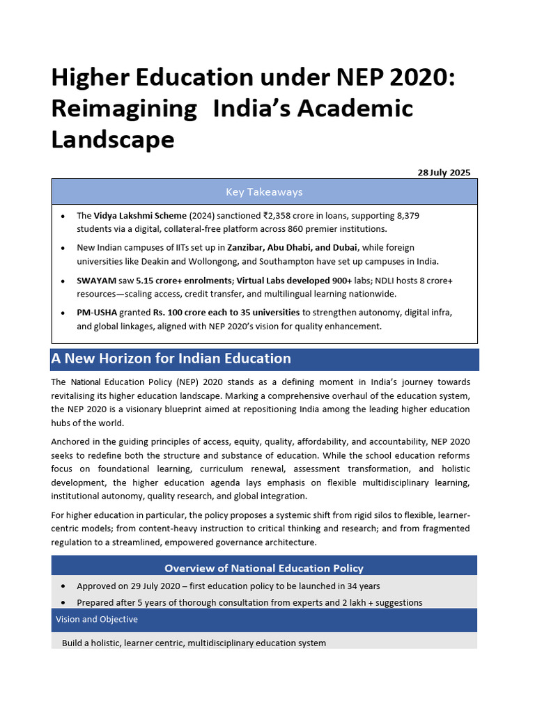NEP 2020: Transforming Higher Education | PDF | Academic Degree ...