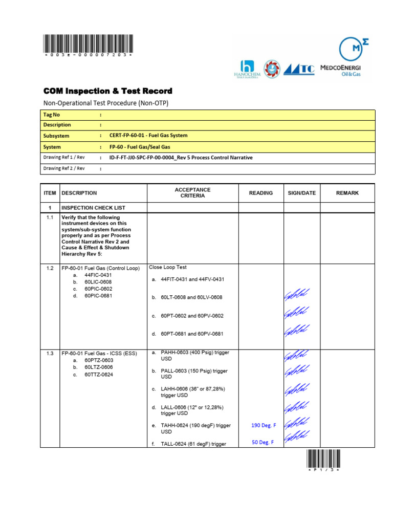 Fuel Gas System Inspection Record | PDF | Gases | Natural Gas