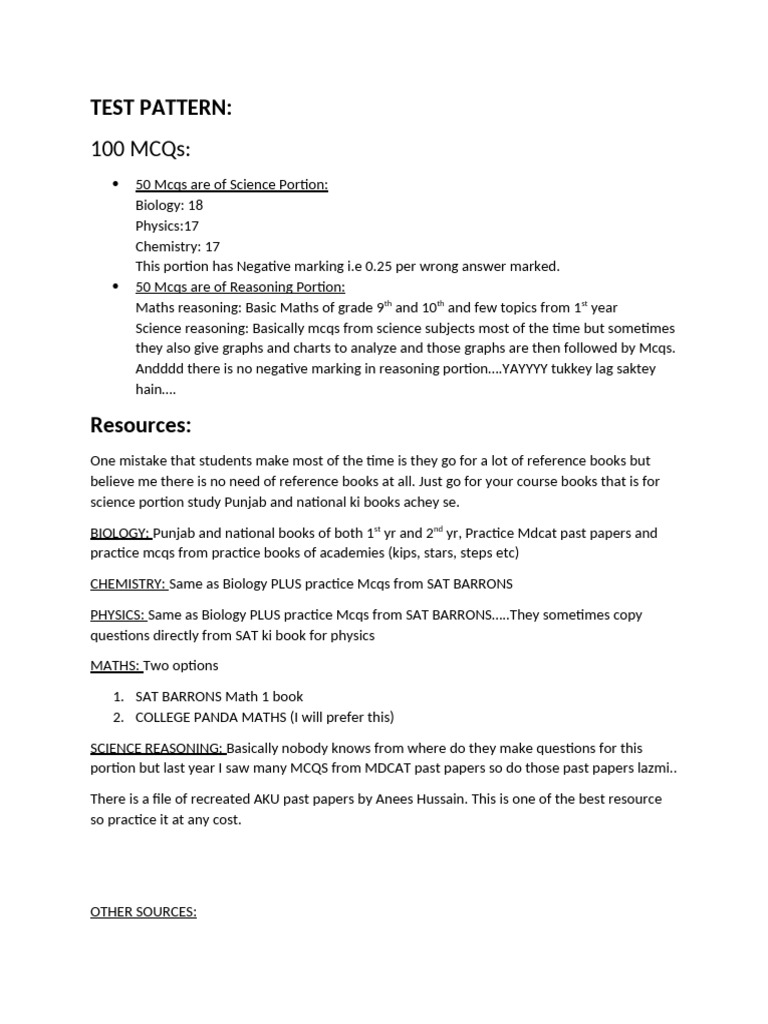 MCQs Test Pattern and Study Guide | PDF